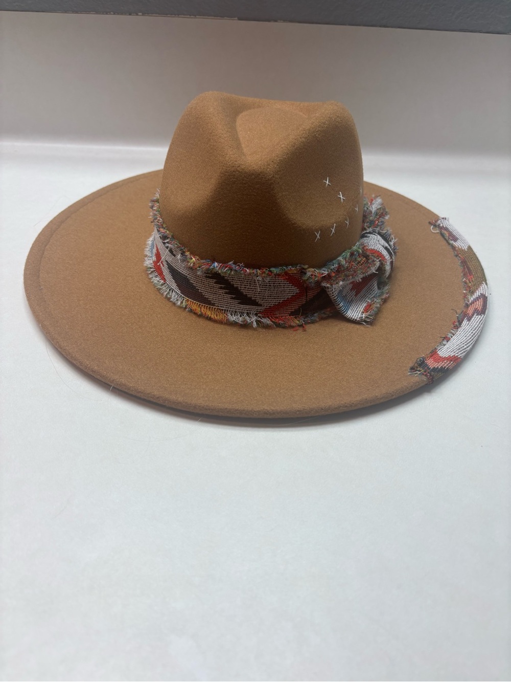 Women’s Tan Wide-Brim Felt Hat with Patterned Frayed Band